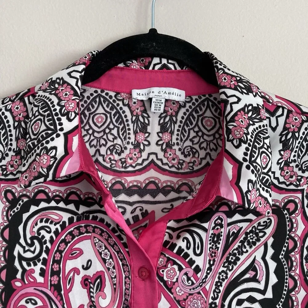 Maison d' Amelie Womens Button Up Geometric Paisley Print Blouse Size Medium - Picture 2 of 10